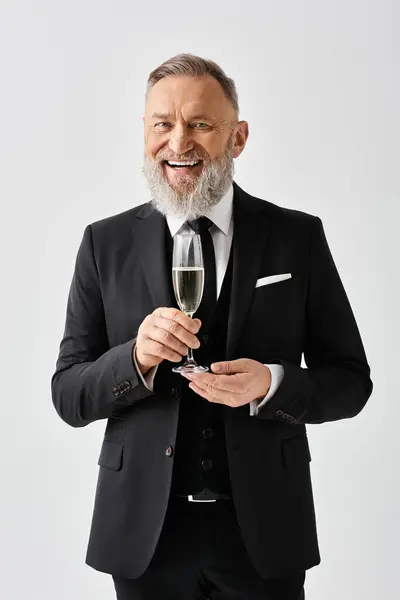 Middle Aged Groom Elegant Suit Holding Glass Champagne Studio Setting — Stock Photo, Image
