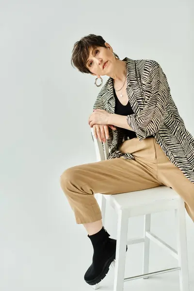 stock image Stylish middle-aged woman with short hair exudes grace as she sits atop a white stool in a studio setting.