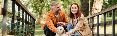 Yetişkin bir çift, köpekleriyle köprüde huzurlu bir anın tadını çıkarıyor..