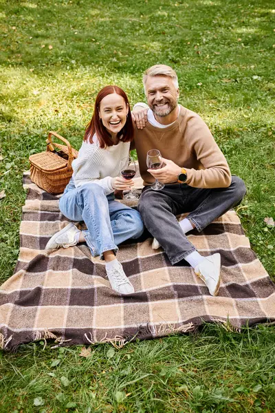Couple Sitting Blanket Holding Wine Glasses Park — Φωτογραφία Αρχείου