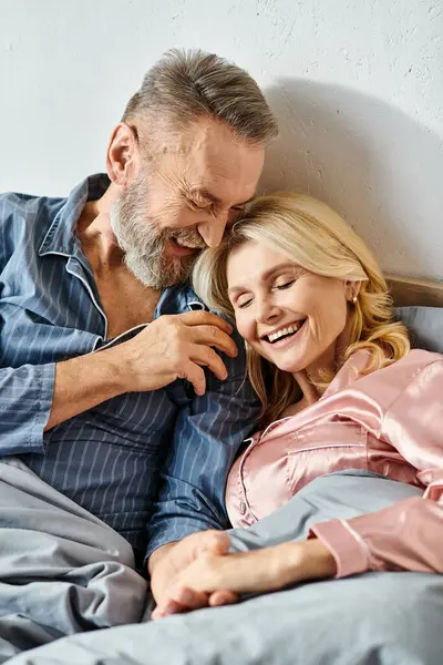 Mature Loving Couple Cozy Homewear Laying Side Side Bed Sharing — Stock Photo, Image