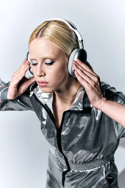 Extravagante Goed Uitziende Vrouw Met Moderne Koptelefoon Futuristische Zilveren Kleding — Stockfoto
