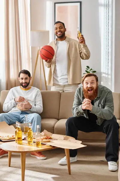Three Handsome Cheerful Men Different Races Dressed Casually Enjoy Each — Stock Photo, Image