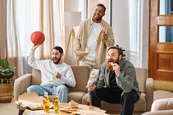 Two interracial handsome men in casual attire sitting on a couch, joyfully eating pizza and sipping beer, enjoying a fun night in together.
