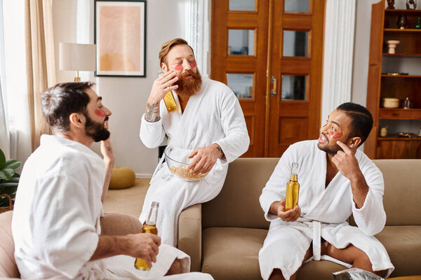 Three diverse, cheerful men in bathrobes relax on top of a couch and enjoy a great time together.
