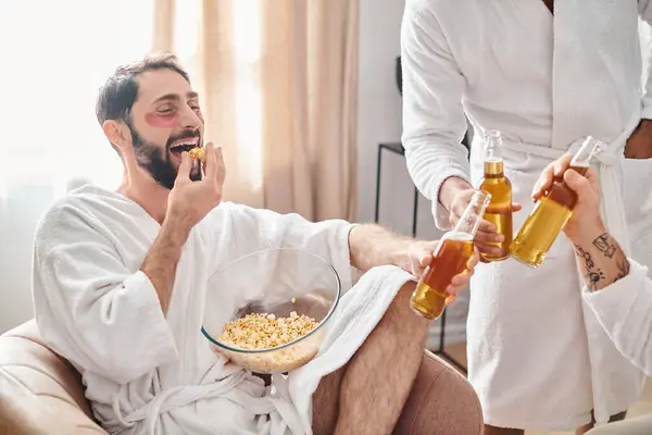 Man Chair Enjoying Bowl Popcorn Bottle Beer Sense Relaxation Contentment — Stock Photo, Image