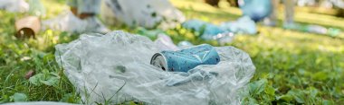 Parktaki yemyeşil çimenlikteki plastik bir poşetin üzerinde bir kutu soda duruyor..