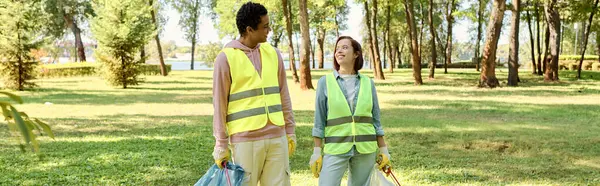 Socially Active Diverse Loving Couple Safety Vests Gloves Cleaning Park —  Fotos de Stock