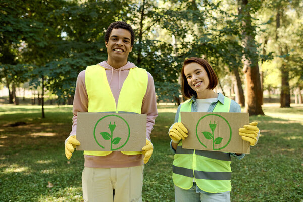 African american man and woman in safety vests holding up cardboard signs, advocating for a cause at a park cleanup event.