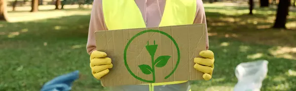 Individual Vibrant Yellow Vest Holds Cardboard Sign Making Statement Determination — Stock Photo, Image