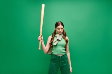 A young woman in her 20s confidently holds a baseball bat against a vibrant green background. clipart
