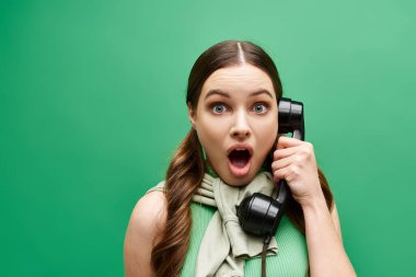 20 'li yaşlarda genç bir kadın, yeşil bir stüdyo ışığı altında banyo yaparken konuşurken kaybolmuş bir telefonu yüzüne tutuyordu..