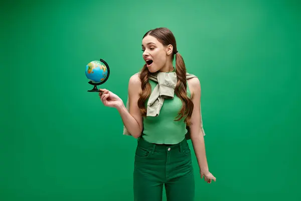 Young Woman Her 20S Holds Small Globe Her Hand Symbolizing — Stock Photo, Image