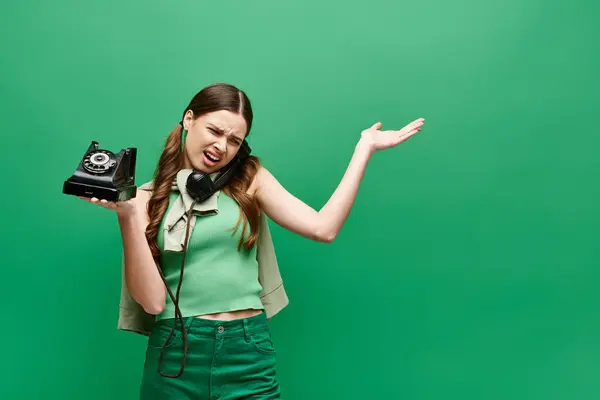 Młoda Kobieta Dwudziestce Trzyma Aparat Rozmawiając Przez Telefon Studio Zielonym — Zdjęcie stockowe