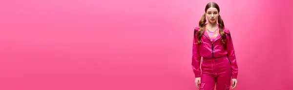 20代のスタイリッシュな若い女性は エレガンスと優雅さを誇る活気に満ちたピンクの壁の前に自信を持って立っています — ストック写真