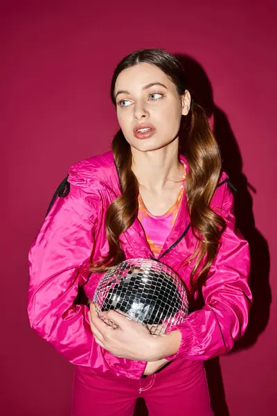 Stylish Young Woman Her 20S Wearing Pink Jacket Holds Disco — Stock Photo, Image