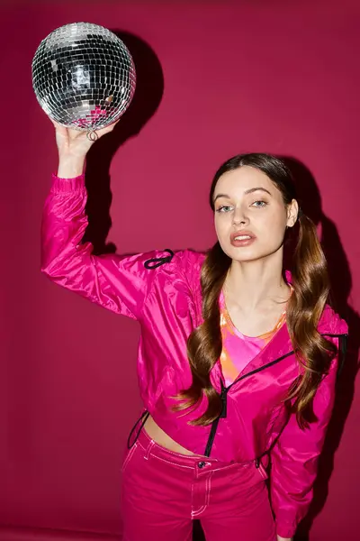Young Stylish Woman Her 20S Wearing Pink Outfit Holds Dazzling — Stock Photo, Image