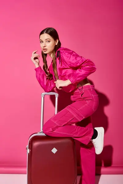 Stylish Young Woman Her 20S Posing Suitcase Front Vibrant Pink — Stock Photo, Image