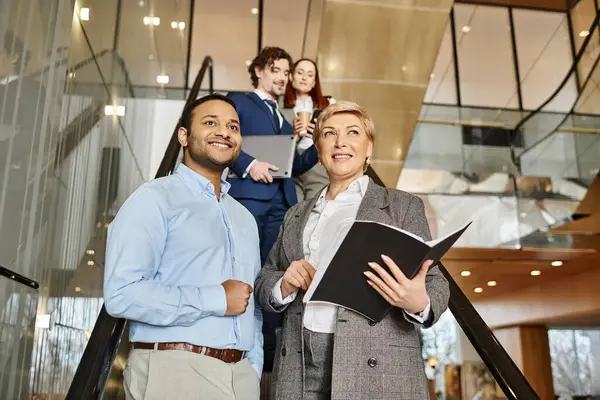 Diverse Group Business People Standing Together Front Escalator — Stock Photo, Image