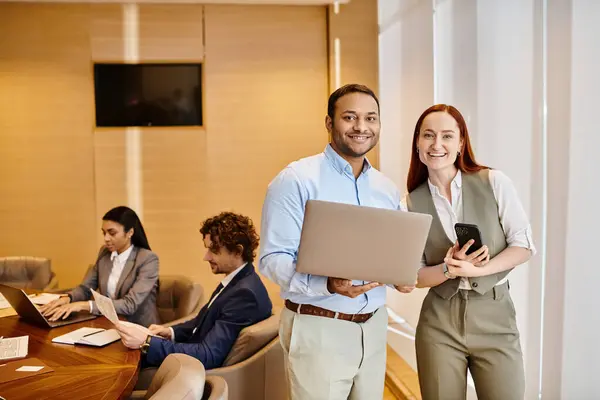 Diverse Group Business Professionals Standing Table Laptops Working Together — Stock Photo, Image