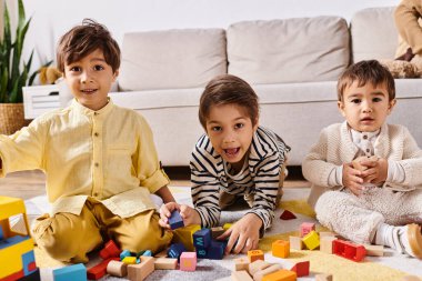 Üç küçük Asyalı çocuk neşeyle oynuyor ve oturma odasının zemininde bloklar oluşturuyorlar..
