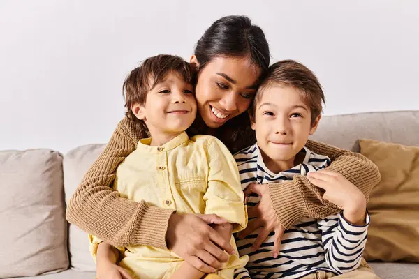 stock image A young Asian mother enjoys a cozy moment sitting on the couch with her two little sons in the living room.