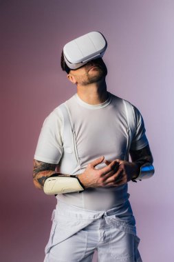 A man wearing a white shirt and a white vr in a metaverse studio setting. clipart