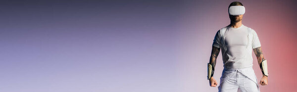 Человек с повязкой на глазах, закрывающий лицо в сюрреалистической студии, исследующий глубины Метавселенной.