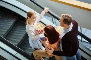 A group of people, including a happy family, standing together on an escalator, ascending gracefully. clipart