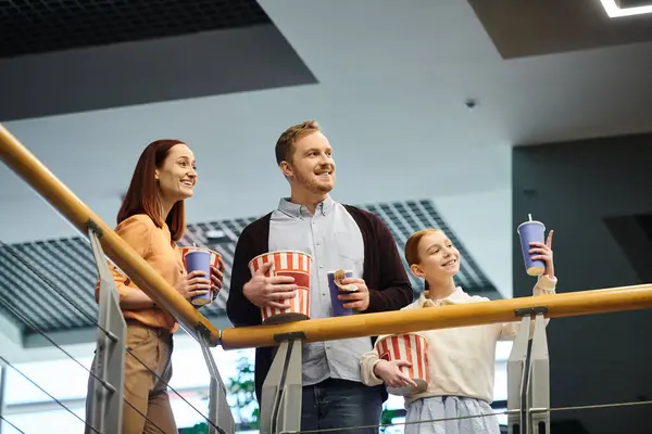 Close Knit Family Joyfully Stands Together Sharing Quality Time Cinema — Stock Photo, Image