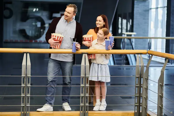 Father Mother Daughter Observe City Balcony Enjoying Special Moment Together — Stock Photo, Image