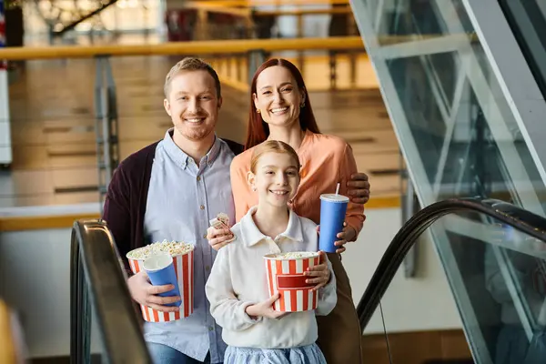 Family Stand Together Forming Happy Family Enjoying Movie Theater Experience — Stock Photo, Image
