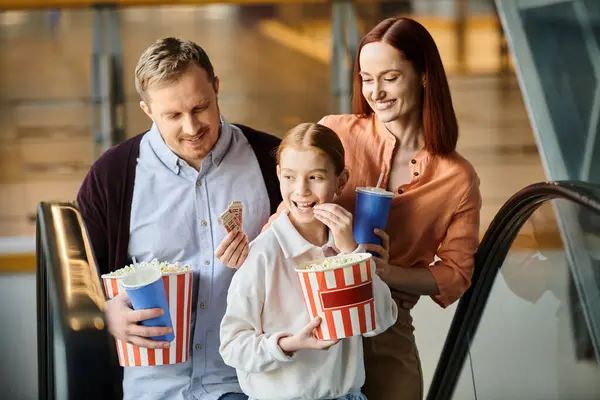 Man Woman Child Happily Eating Popcorn Together Cinema — Stock Photo, Image