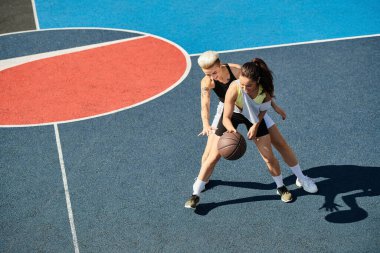 İki atletik kadın, güneşli bir yaz gününde bir basketbol sahasında arkadaşlıklarını ve maç aşklarını kutluyorlar..