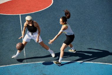 İki atletik genç kadın yaz güneşinde bir basketbol sahasının tepesinde muzaffer bir şekilde duruyorlar..