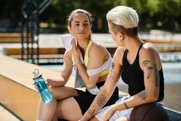 Duas Jovens Mulheres Atléticas Amigas Sentadas Juntas Livre Depois Jogar — Fotografia de Stock