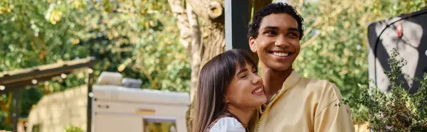 Interracial Couple Stands Together Enjoying Romantic Getaway Natural Environment Next — Stock Photo, Image