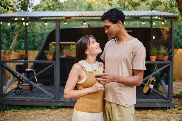 Man Woman Interracial Couple Stand Together Embracing Backdrop Camper Van — Stok fotoğraf