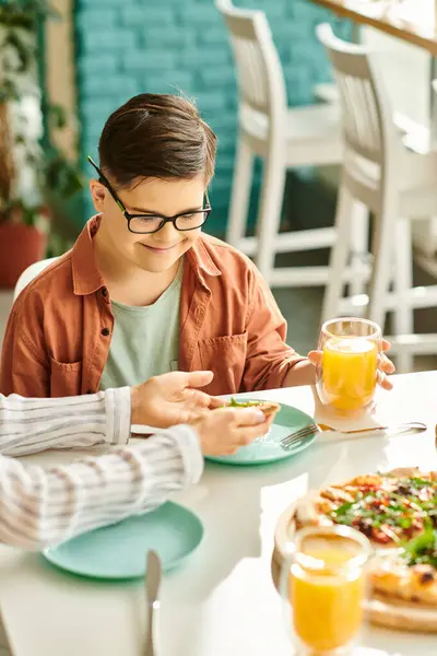 Good Looking Mother Eating Pizza Drinking Juice Her Inclusive Cute Stock Photo