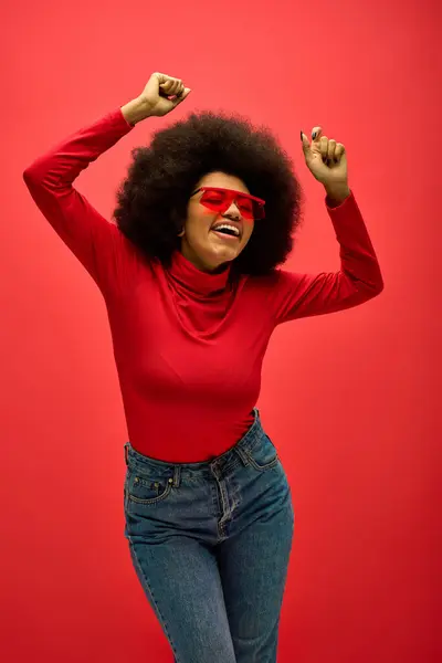 Trendy African American Woman Red Attire Striking Pose — Stock Photo, Image