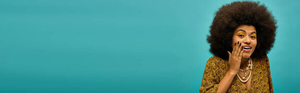 Stylish African American woman in trendy attire expressing surprise.