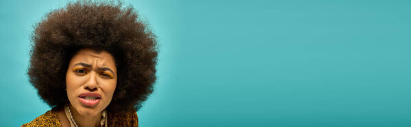 A stylish African American woman in trendy attire, looking surprised.