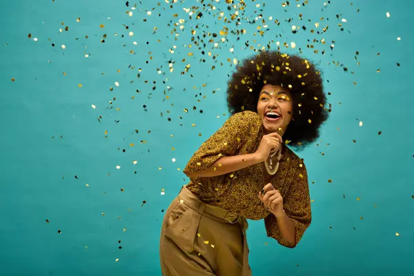 Stylish African American Woman Curly Hairdosurrounded Colorful Confetti — Φωτογραφία Αρχείου