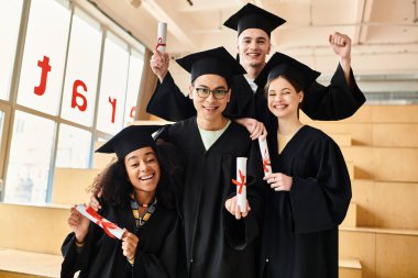 A diverse group of students in graduation gowns and caps posing for a celebratory moment together. clipart