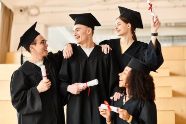 A diverse group of students, including Caucasian, Asian, and African American individuals, pose joyfully in graduation gowns. clipart