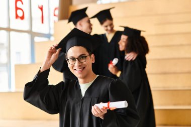 A man of diverse background celebrates graduation in a cap and gown, proudly displaying his diploma. clipart