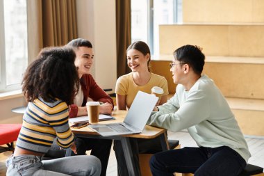 A varied group of students from different ethnic backgrounds engaged in a lively conversation at a table. clipart