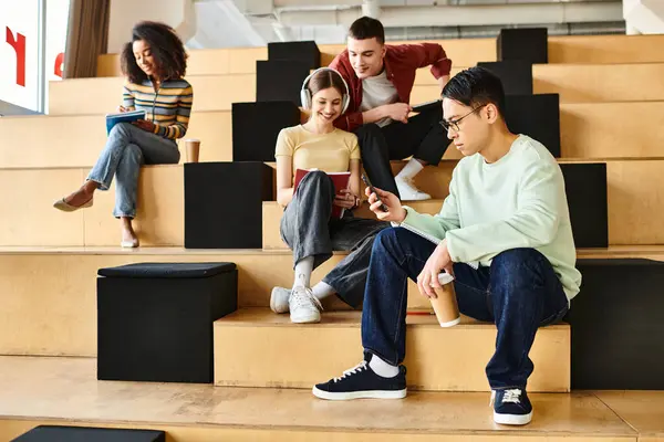 Multicultural students sit and chat on a set of indoor stairs, embracing diversity in education