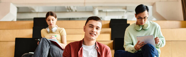 Мультикультурные студенты, в том числе темнокожая девушка, сидят в университетском лекционном зале, внимательно слушая образовательный контент.