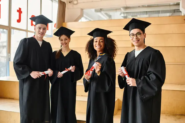 Ποικιλόμορφη Ομάδα Φοιτητών Φορέματα Αποφοίτησης Ποζάρουν Ακαδημαϊκά Καπέλα Και Διπλώματα — Φωτογραφία Αρχείου